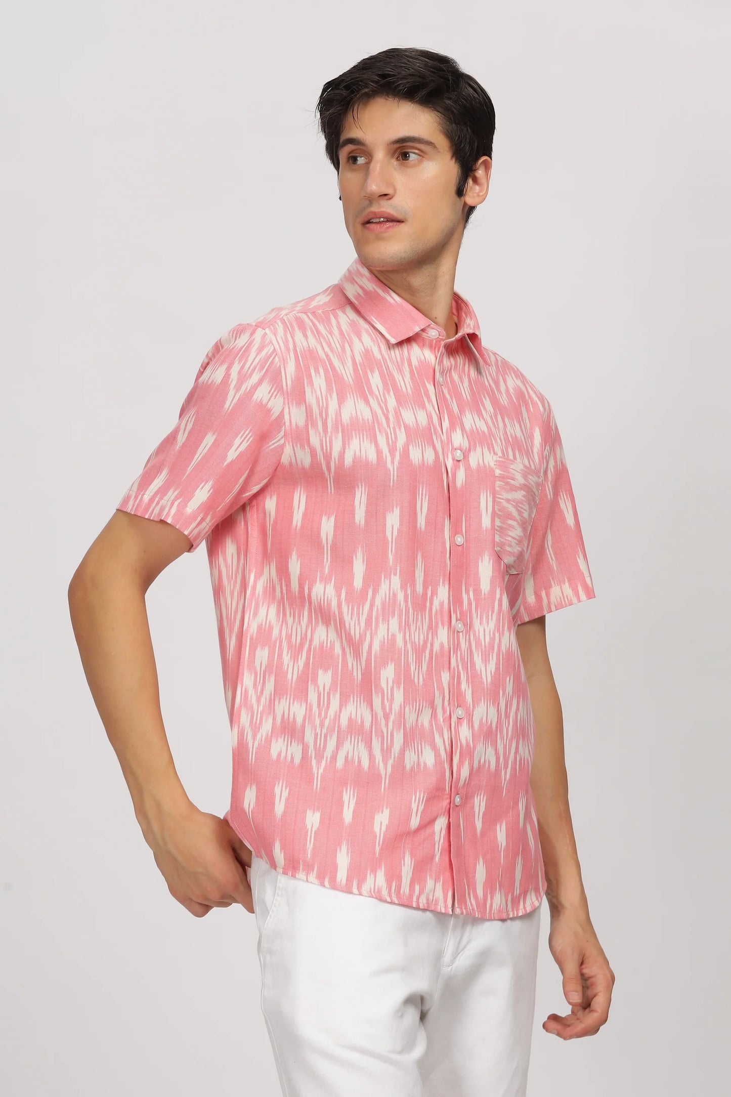 Xcloth Men's Premium Pink Ikat Print Casual Shirt – Half Sleeve Regular Fit Summer Fashion Shirt