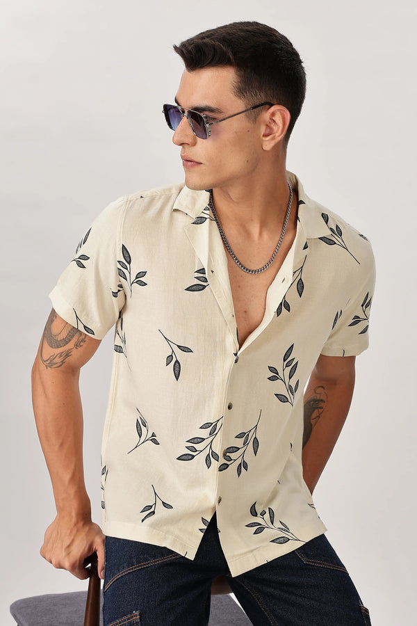 Xcloth Men's Minimal Leaf Print Casual Shirt – Premium Beige Half Sleeve Resort Wear Shirt