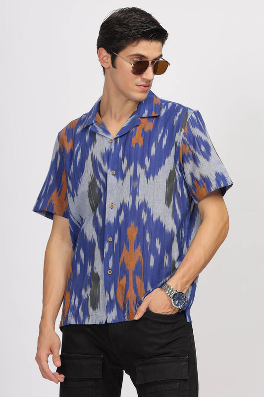 Xcloth Men's Premium Blue Ikat Print Casual Resort Shirt – Half Sleeve Relaxed Fit Summer Fashion Shirt