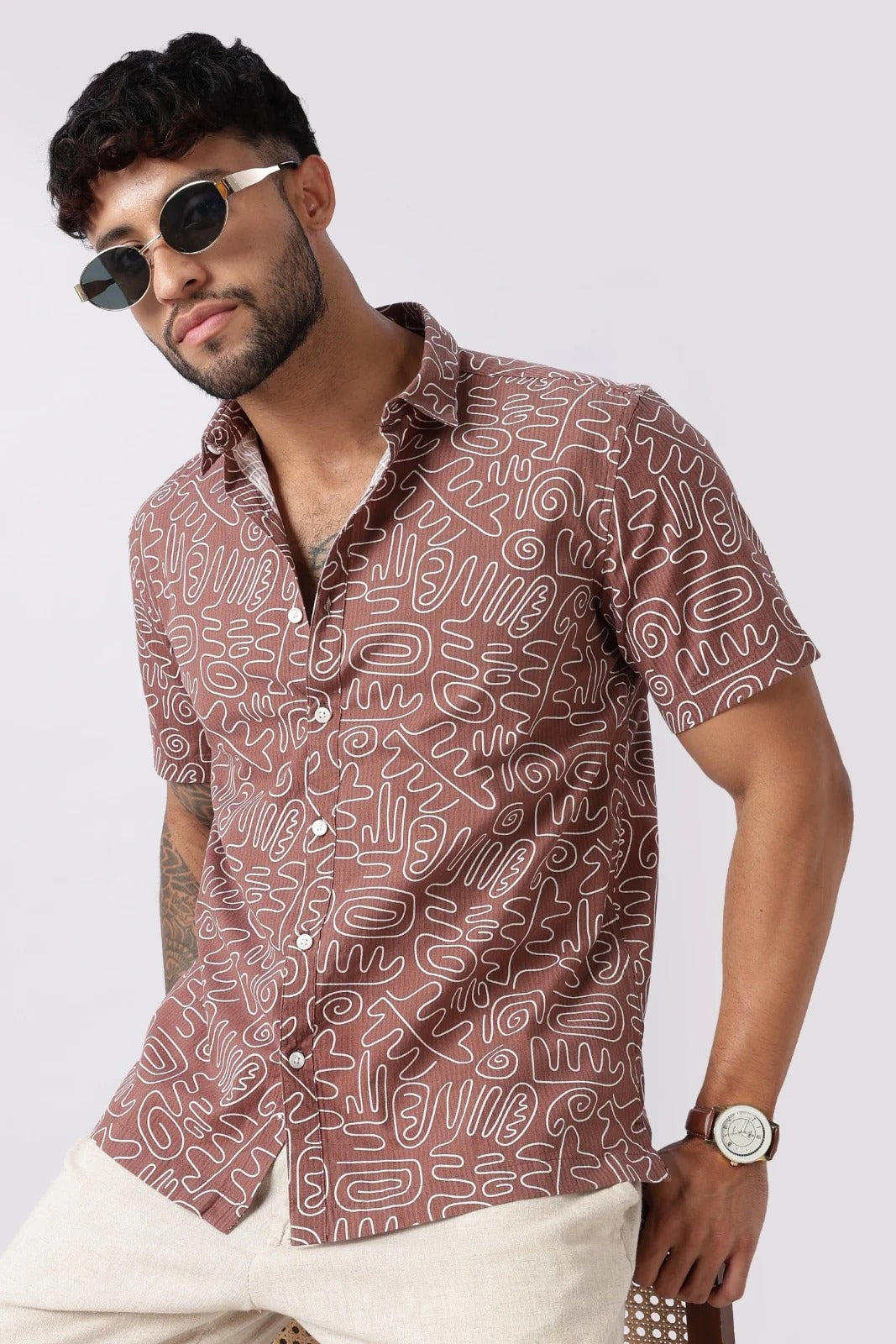 Xcloth Men's Premium Abstract Doodle Print Casual Shirt – Half Sleeve Regular Fit Summer Cotton Blend Shirt