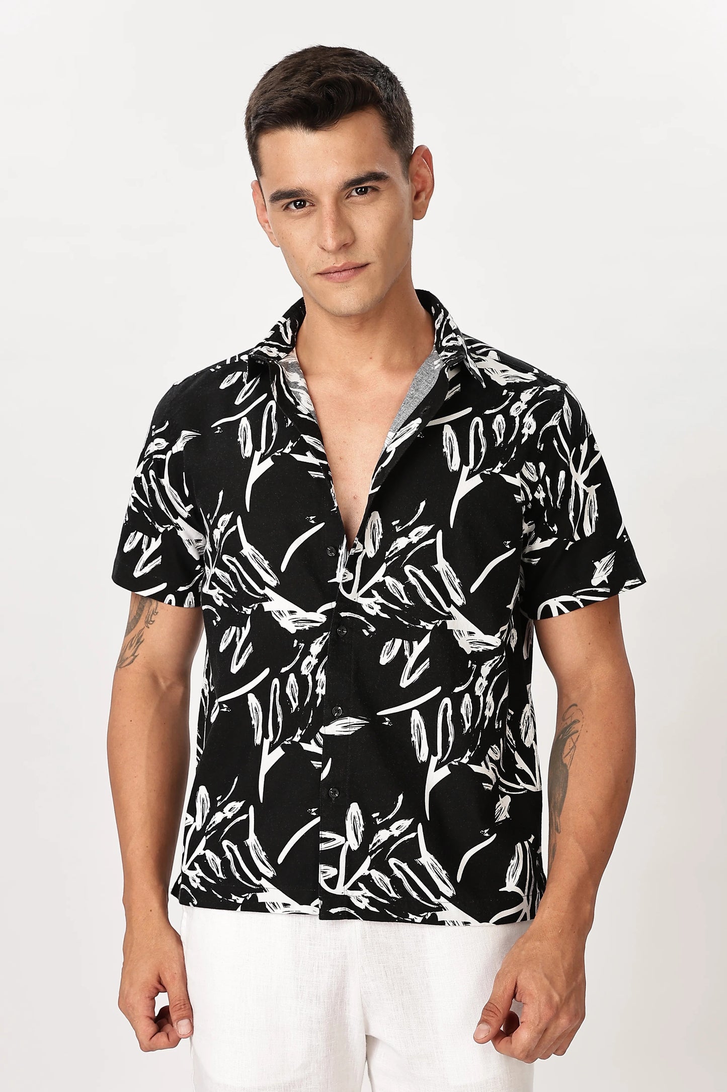 Xcloth Men's Abstract Brush Stroke Print Casual Shirt – Premium Black & White Half Sleeve Resort Shirt