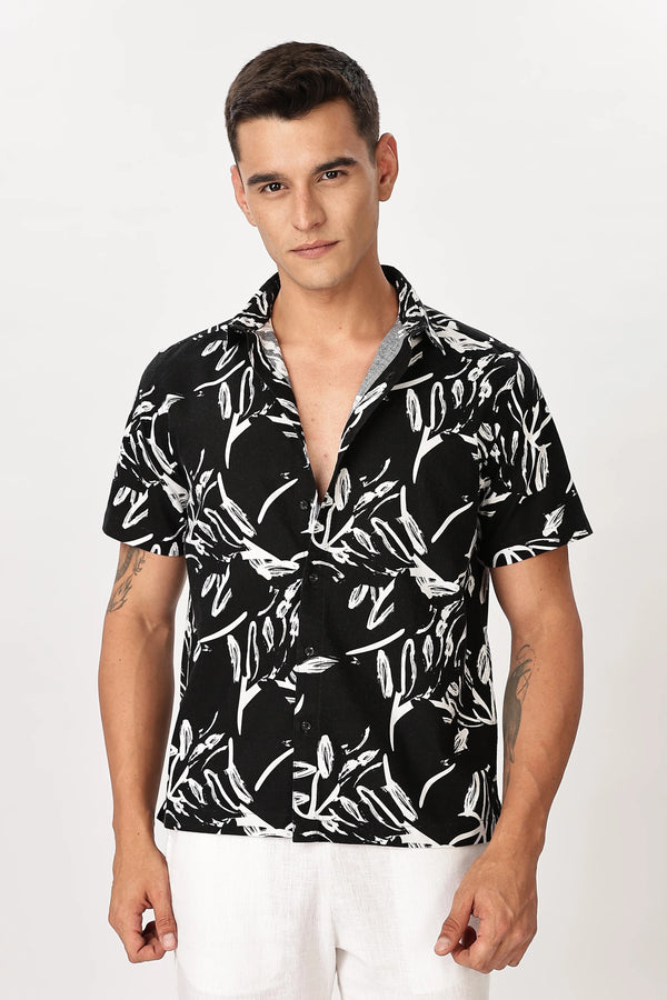 Xcloth Men's Abstract Brush Stroke Print Casual Shirt – Premium Black & White Half Sleeve Resort Shirt