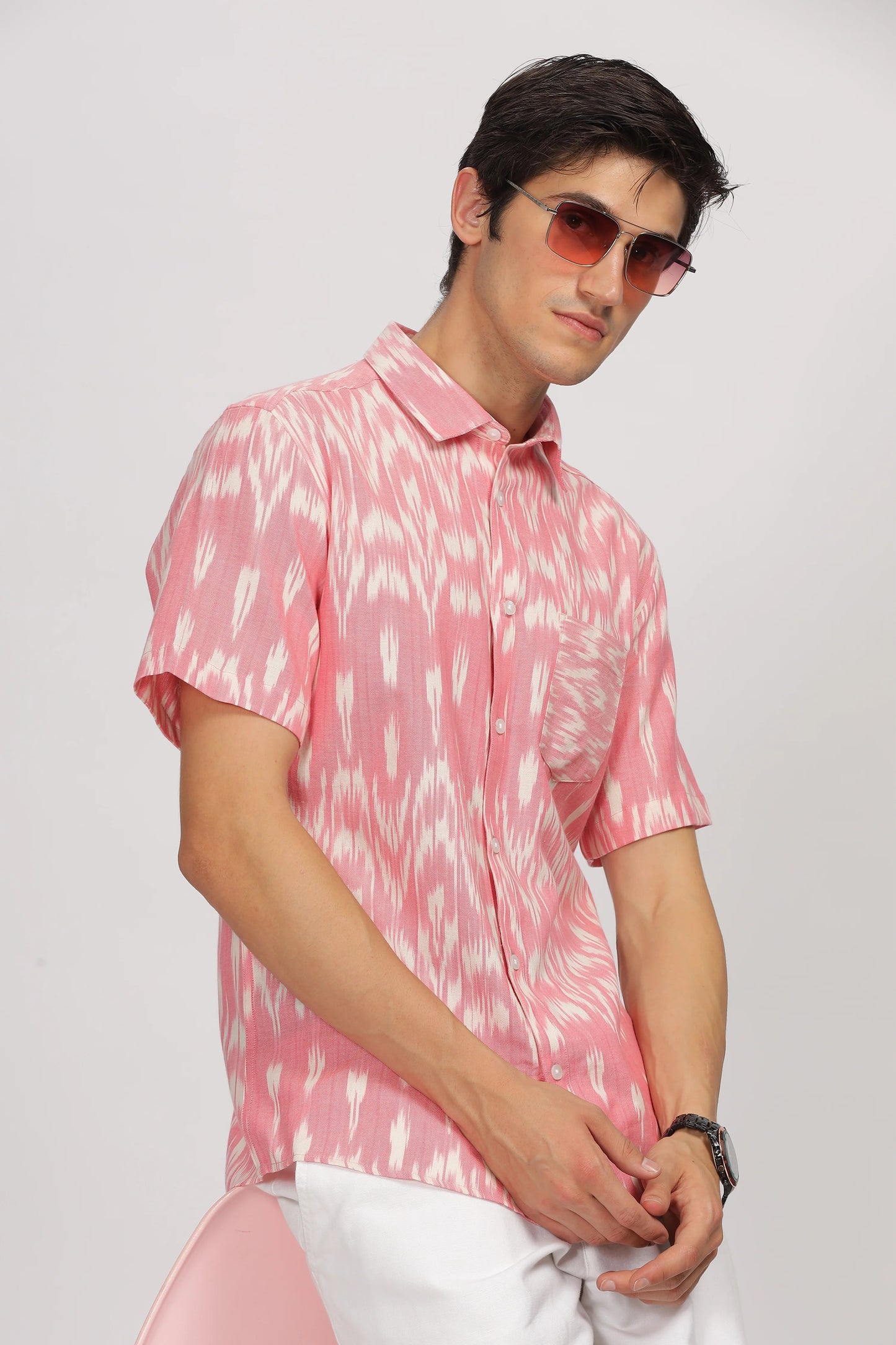Xcloth Men's Premium Pink Ikat Print Casual Shirt – Half Sleeve Regular Fit Summer Fashion Shirt