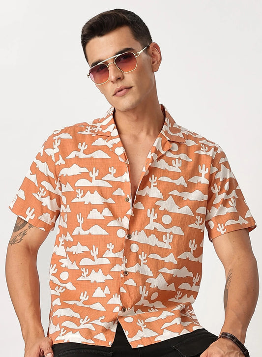 Xcloth Men's Desert Landscape Print Casual Resort Shirt – Premium Half Sleeve Summer Beach Shirt