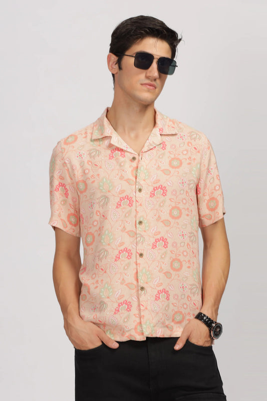 Xcloth Men's Vintage Floral Print Casual Shirt – Premium Peach Resort Collar Half Sleeve Summer Shirt