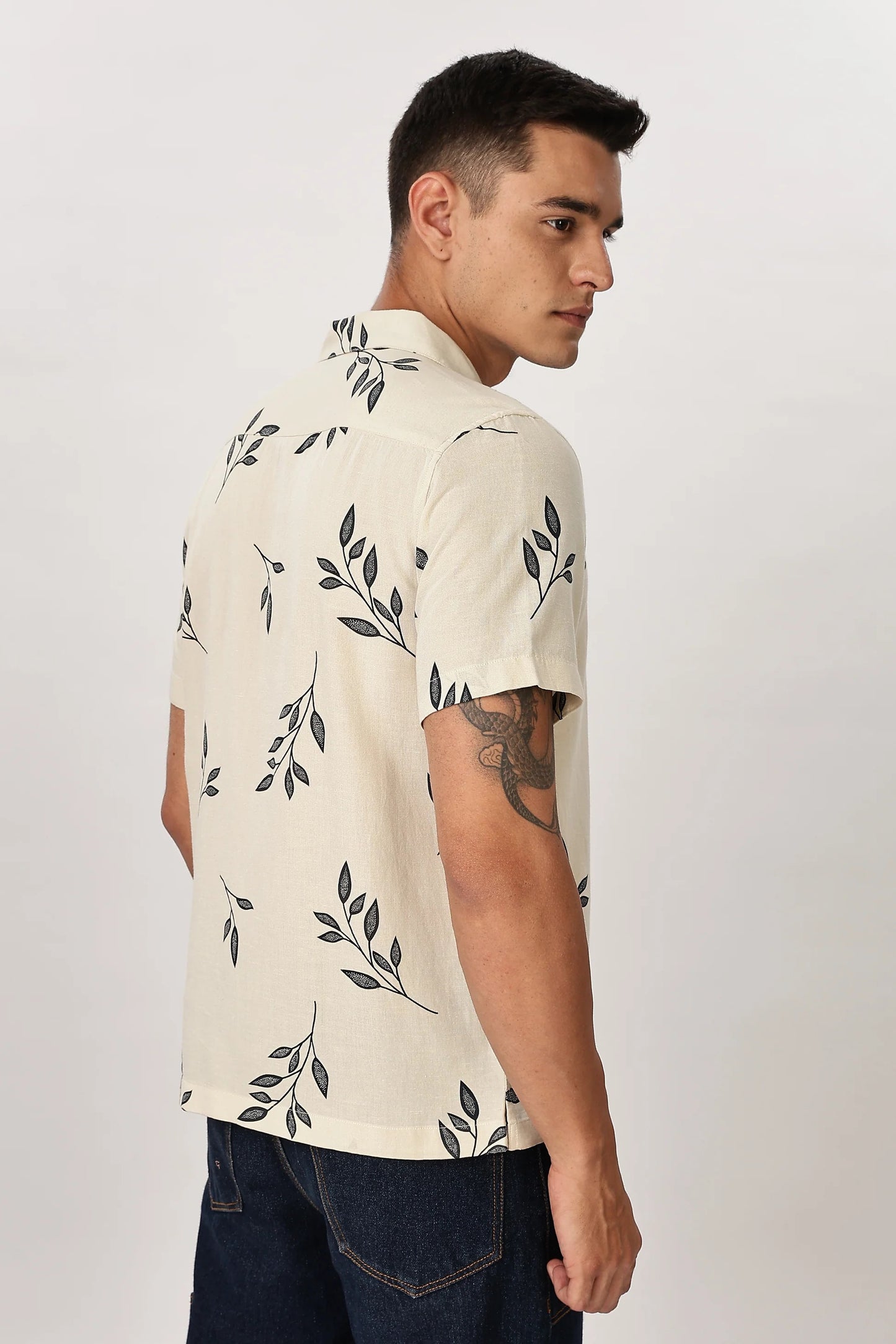 Xcloth Men's Minimal Leaf Print Casual Shirt – Premium Beige Half Sleeve Resort Wear Shirt